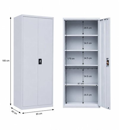 OW-008 Iron office cabinet, 185×85×40 cm, 2 metal doors, internal shelves, key lock - light gray product image 3