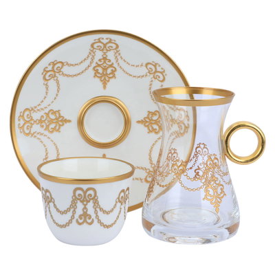 طقم بيالات كريستال وفناجين بورسلان السيف غاليري، مزخرف ذهبي، 18 قطعة - أبيض product image 1