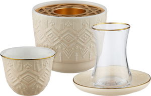 Al Saif Gallery Porcelain tea and coffee cup serving set with saucers, incense burner, 26 pieces, embossed - Beige product image