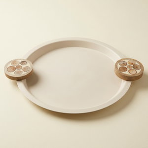 Alsaif Gallery Stainless Steel Serving Tray with Wooden Handles, 34 x 36 x 3.5 cm, Round - Cream product image