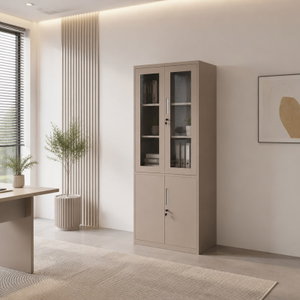 OW-005 Iron office cabinet, 185×85×40 cm, 2 upper glass doors, 2 lower metal doors - Dark Beige product image