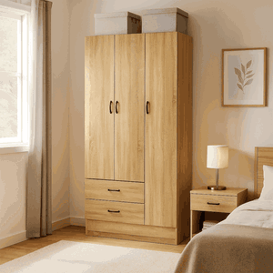 MDF Wood Wardrobe, 200×120×54 Cm, Three Doors, 2 Drawers - Brown product image