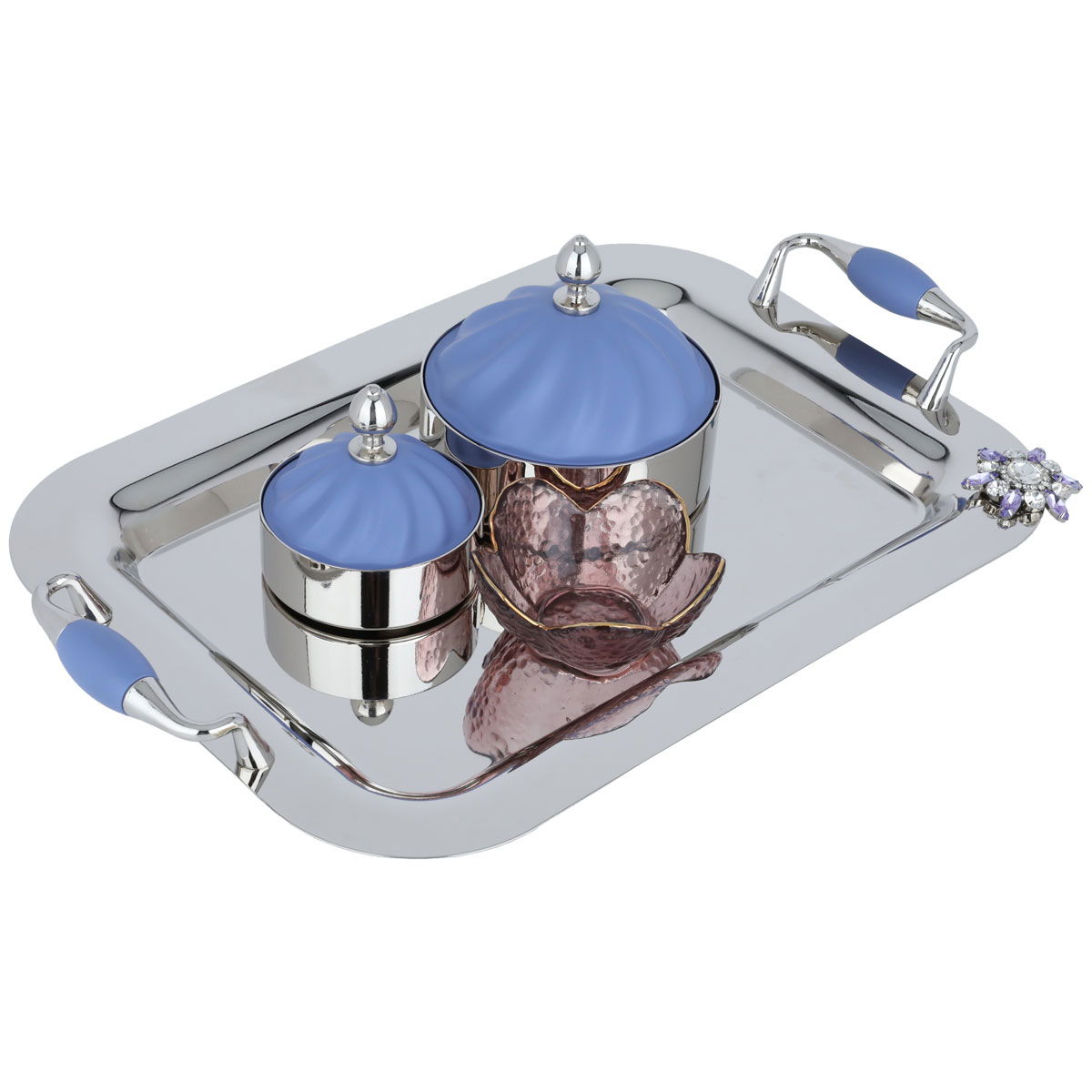 Al Saif Gallery Steel Toferia Set, 41x26x4 cm, 2 dates with blue lid, glass bowl, 4 pieces - silver product image
