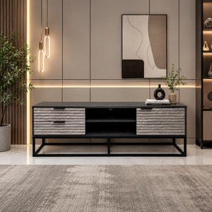 طاولة تلفزيون، 50×140×40 سم، خشب MDF، إطار معدن، أدراج - رمادي خشبي فاتح product image