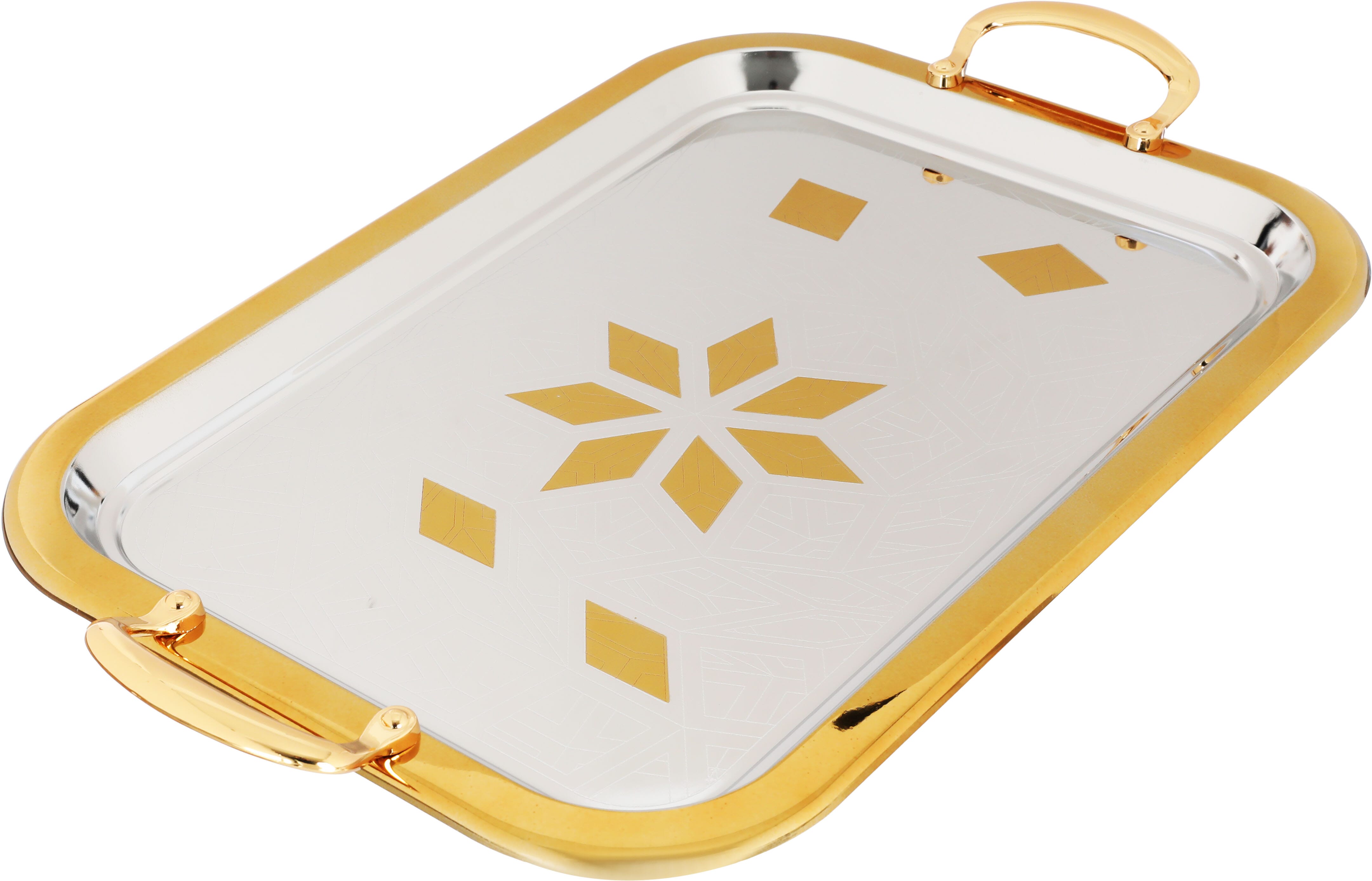 Alsaif Plus Steel Serving Treys Set with gold edges, 3 pieces, rectangular - silver product image 2