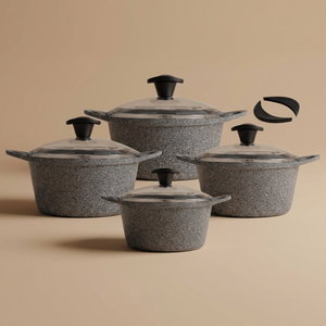 طقم قدور جرانيت فالز، 8 قطع، بغطاء زجاج - رمادي فاتح product image