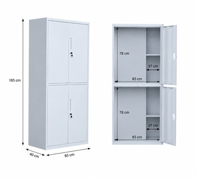 OW-010 Iron office cabinet, 185×85×40 cm, 2 top doors, 2 bottom doors, internal shelves, key lock - light gray product image 3