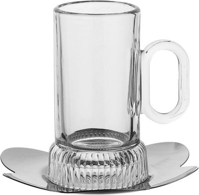 Al Saif Gallery Glass Tea Set, 12 Pieces, 12cm Stainless Steel Saucers - Transparent Silver product image 2