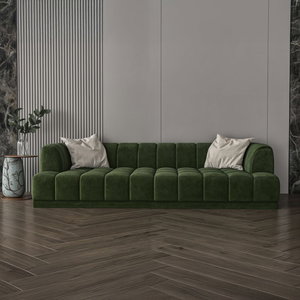 Modern Swedish wood sofa, 225x85x37 cm, velvet fabric - olive product image