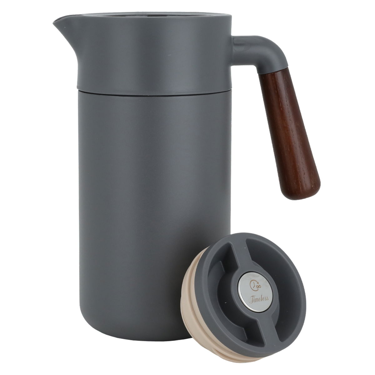 Timeless Tara Thermos, 1.2 litres, wooden handle, squeezer, steel inner container, steel outer shell - dark gray product image 2