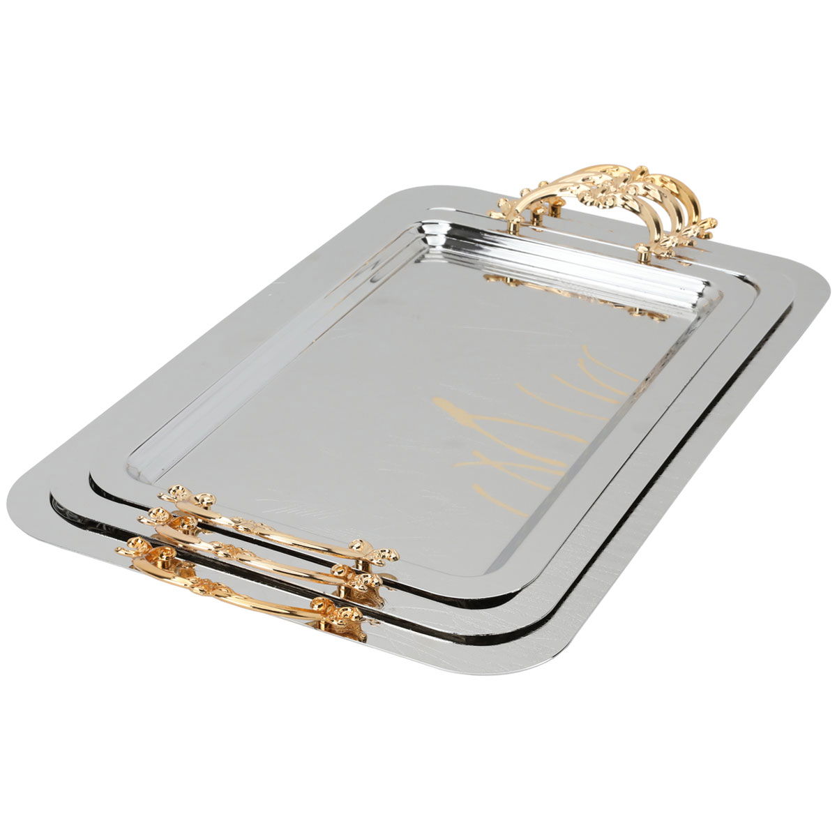 Al Saif Gallery steel topper set, 53×33×2 / 48×30×2 / 43×27×2 cm, rectangular, gilded hand woodwork, 3 pieces - silver product image