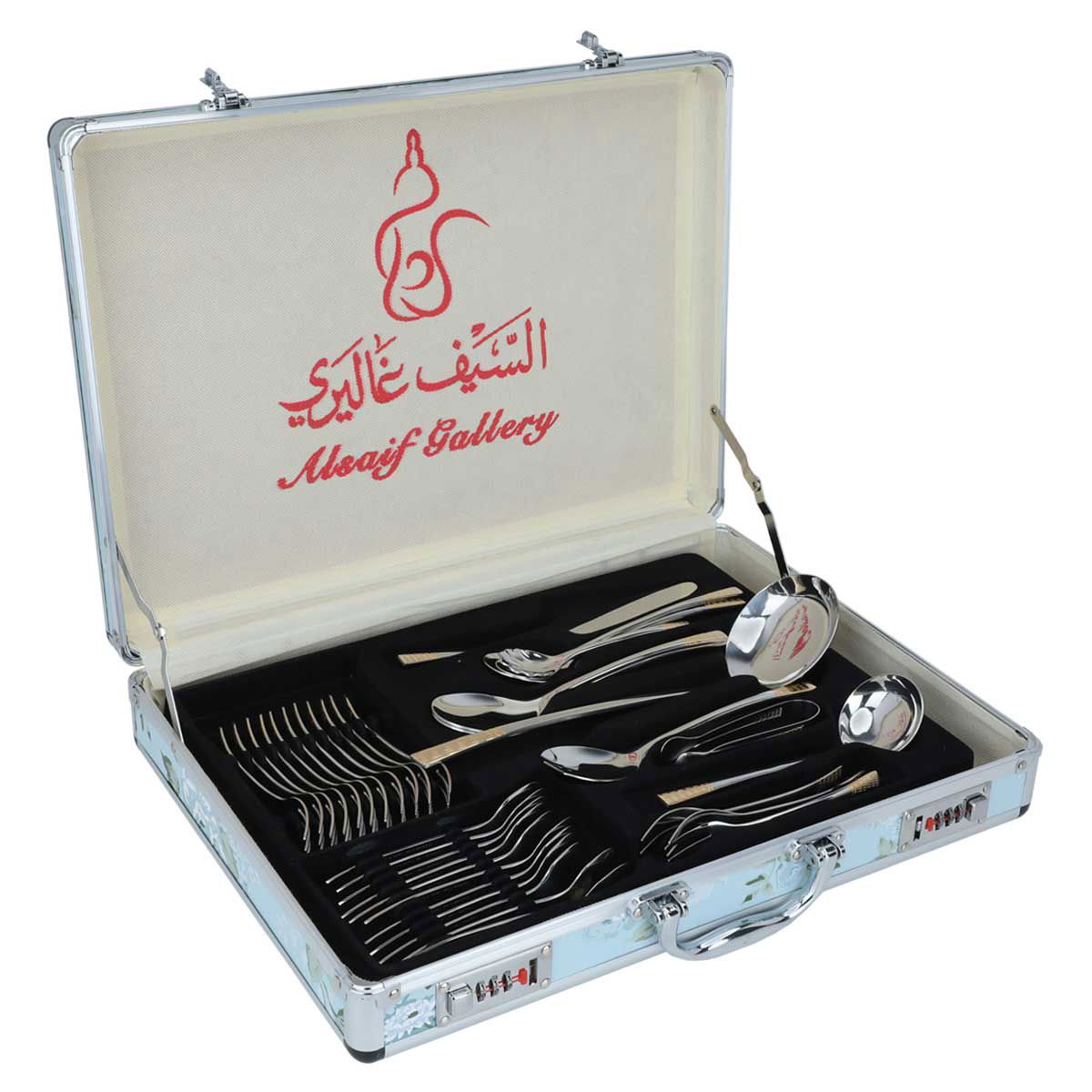 Al Saif Gallery steel spoon set with aluminum case, 72 pieces, gold-silver pattern product image 2