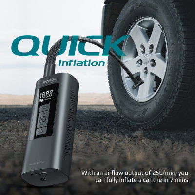 Promate Tire Inflator, 25 L/min Airflow, LED Light, 150 lbs, 6000 mAh Battery, LCD Display - Black product image 3