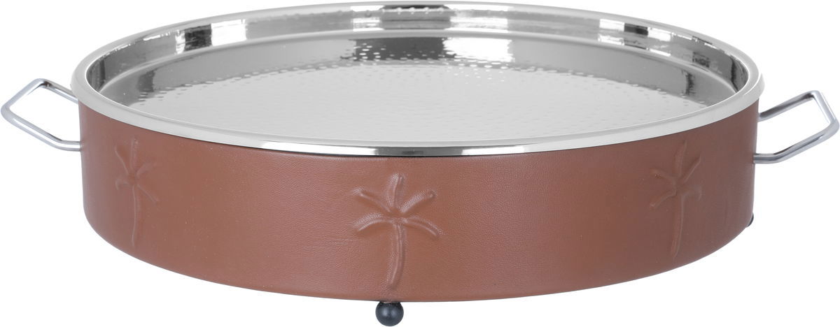 Al Saif Gallery Steel Food Warmer, 54 x 46 x 14 cm, Round, Double Bowl, Wooded Pattern, Large - Brown product image