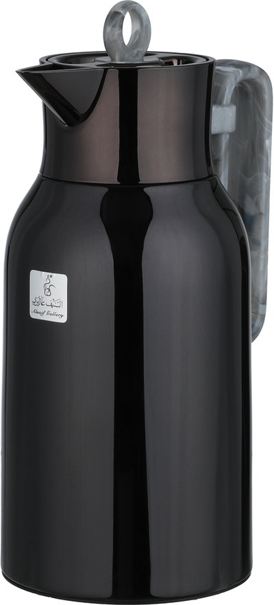 Al Saif Gallery Al Durra Thermos Set, 1/1 Liter, 2 Pieces, Glass Inner Container, Push Button, Marble Gray Handle - Glossy Black product image 4