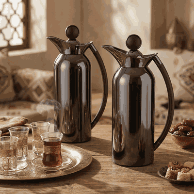 Al Saif Gallery Al Thuraya Thermos Set, 2 Pieces, 1/1 Liter, glass interior, black handle, black push-button lid product image 11