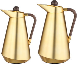 Al Saif Gallery Tarif Thermos Set, 1/0.7 Liter, Glass Interior, 2 Pieces, Dark Wooden Handle, Push-Button Lid - Gold product image 2