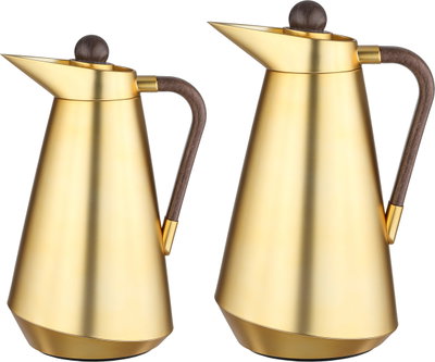 Al Saif Gallery Tarif Thermos Set, 1/0.7 Liter, Glass Interior, 2 Pieces, Dark Wooden Handle, Push-Button Lid - Gold product image 2