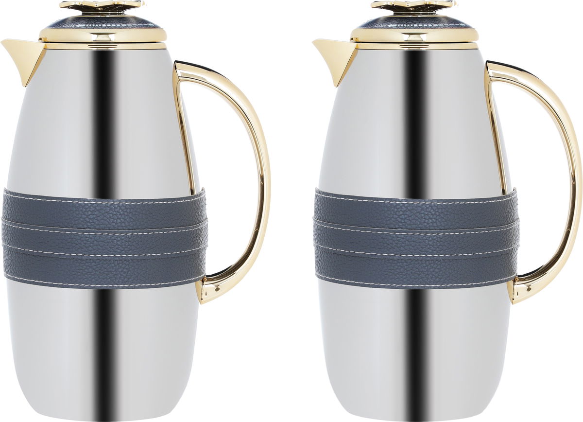 Al Saif Gallery Asmaa Steal Thermos Set, 1 - 0.7 Liter, Dark Gray with Gold Strap, 2 Pieces - Silver product image