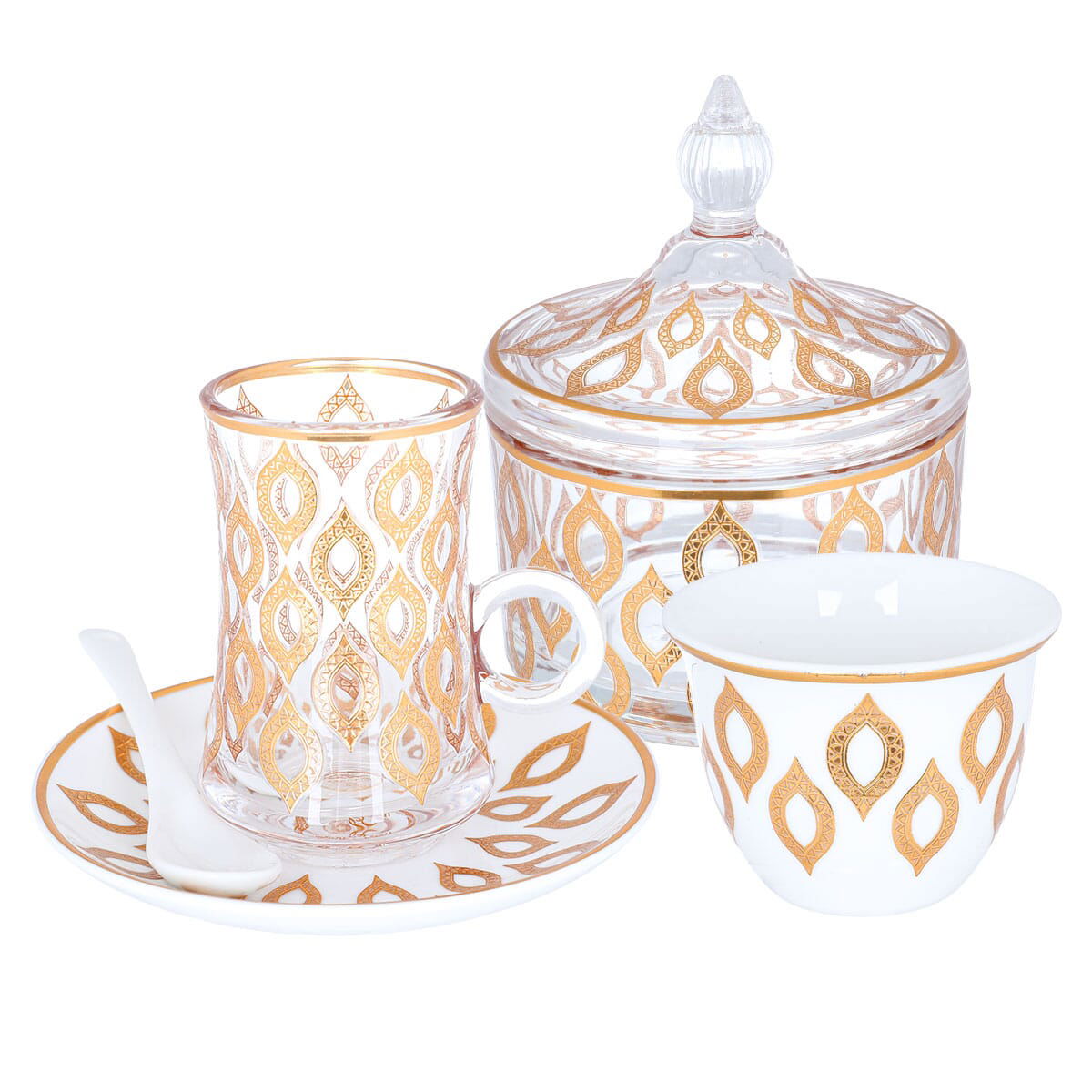 Alsaif Gallery Bialat and coffee cups and saucers serving set, 26 pieces, golden pattern - white product image