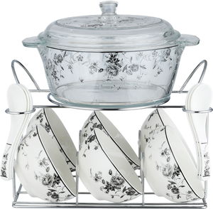 Golden Gallery Porcelain Glass Soup Set, 16 Pieces, Embossed - Translucent White product image