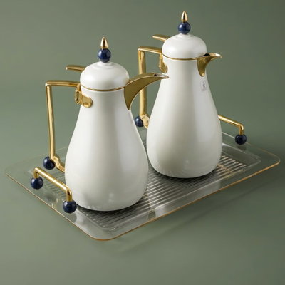 Al Saif Gallery Crystal Thermos Set, 1/0.7 litre, tofaria, thermal glass inner container, steel outer shell - pearl gold product image 1