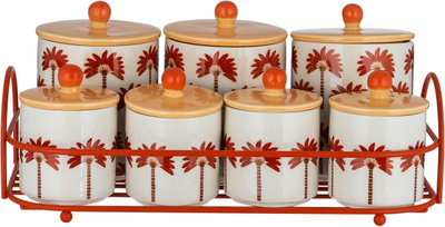 Al Saif Gallery Porcelain Spice Jar Set, Metal Stand, 7 Pieces, Lids - White and Colored product image 3