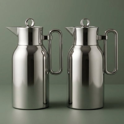 Al Saif Gallery Al Durra Thermos Set, 1/1 Liter, 2 Pieces, Glass Inner Container, Push Button - Silver product image 1