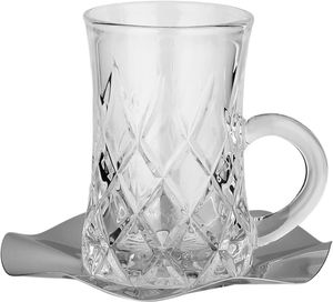 Glass cup and saucer serving set, 36 pieces, stainless steel saucers, 12 cm - clear silver product image 2