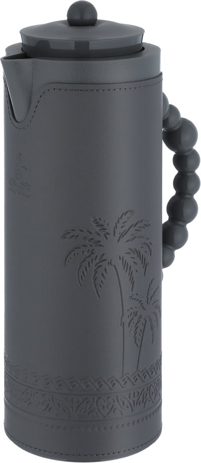 Al Saif Gallery Royal 7T thermos, 1 liter, leather covered, palm pattern, glass inner case, plastic outer case - dark gray product image 4