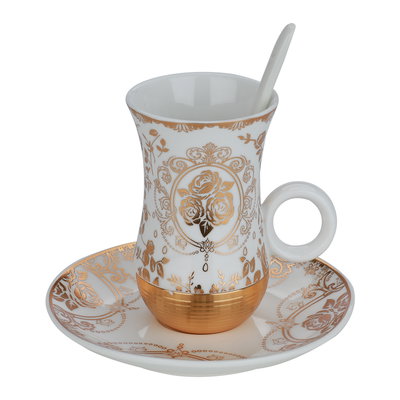 طقم ترامس زجاج وفناجين قهوة وبيالات شاي بورسلان السيف غاليري، 52 قطعة - أبيض ذهبي product image 2