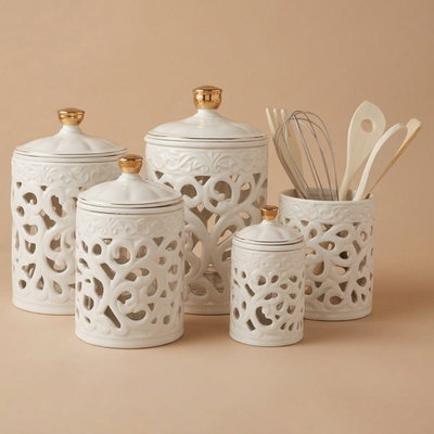 Al Saif Gallery porcelain spice jar set, perforated - white and gold product image 1