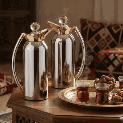 Al Saif Gallery Al Thuraya Thermos Set, 2 Pieces, 1/1 Liter, glass interior, transparent handle, push-button lid - silver gold product image 11