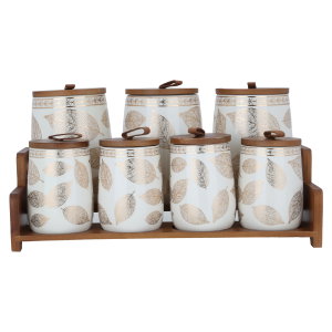 Al Saif Gallery Porcelain Spice Jar Set with Lid and Wooden Stand, 7 Pieces - White product image 2