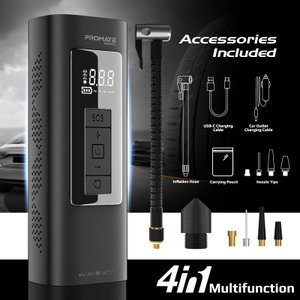 Promate Tire Inflator, 25 L/min Airflow, LED Light, 150 lbs, 6000 mAh Battery, LCD Display - Black product image 2