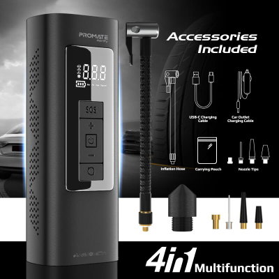 Promate Tire Inflator, 25 L/min Airflow, LED Light, 150 lbs, 6000 mAh Battery, LCD Display - Black product image 2