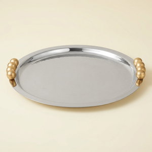 Alsaif Gallery Stainless Steel Serving Tray with Gold Handles, 35 x 35 x 3.5 cm, Round - Silver product image