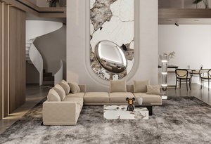 Modern L-shaped Swedish wood sofa, 330 x 250 cm, Chanel fabric - Beige product image 2