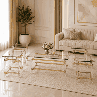 طقم طاولات زجاج و ستيل و اكرليك، 5 قطع - شفاف ذهبي product image 1