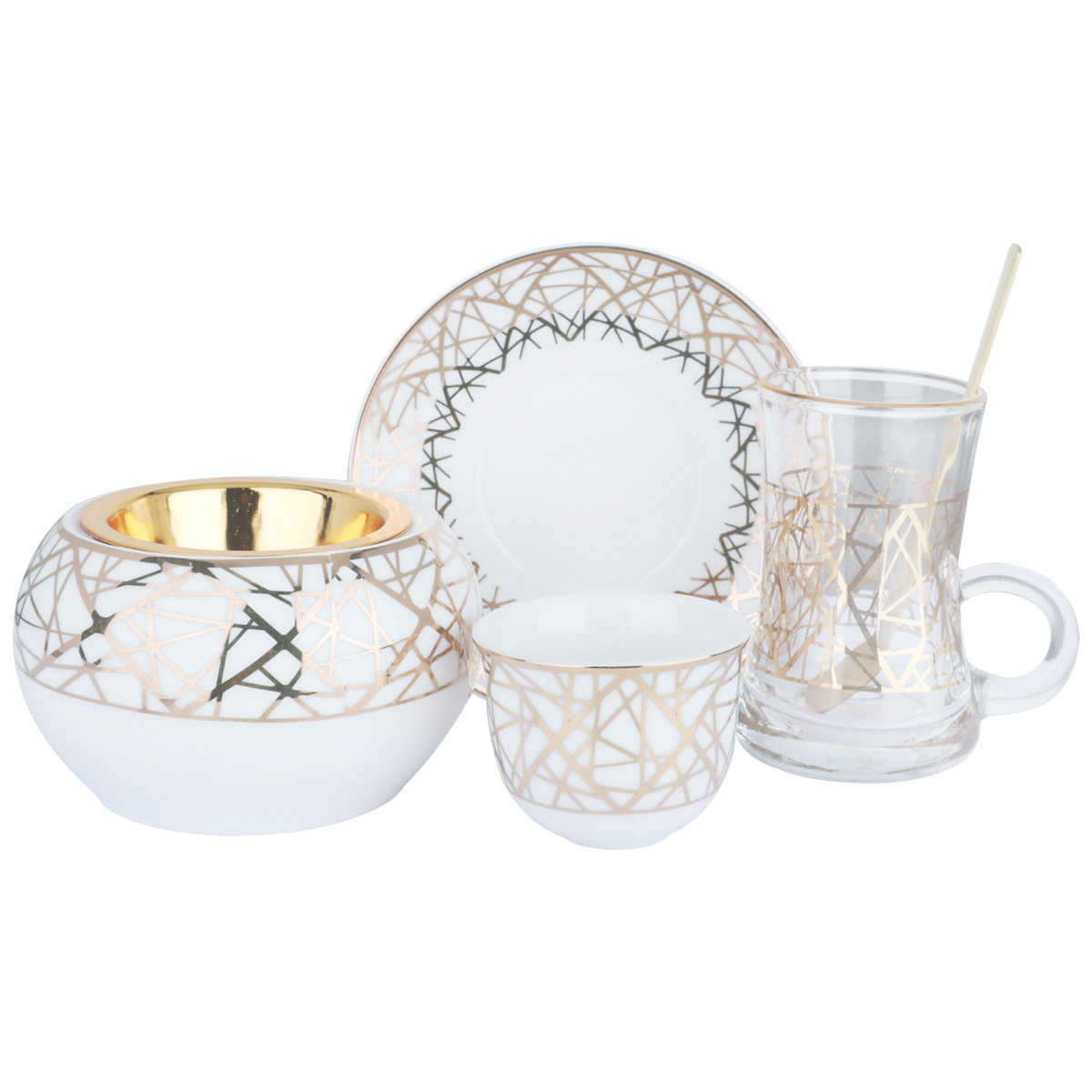 طقم (بيالات زجاج + فناجين بورسلان + مبخرة ) السيف غاليري، 25 قطعة - أبيض بذهبي product image