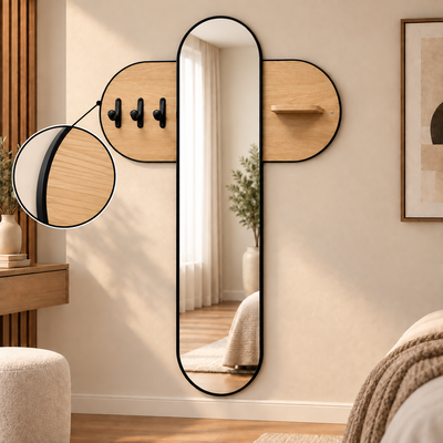 مرآة مدخل منزل زجاج، 80×120×30 سم، لوح تعليق خشبي، خطافات تعليق معدنية - بيج product image 3