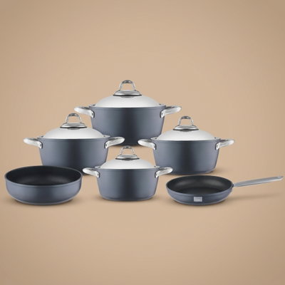 طقم قدور المونيوم صافلون، 10 قطع، مطلي تيفال من الداخل - رمادي غامق product image 1