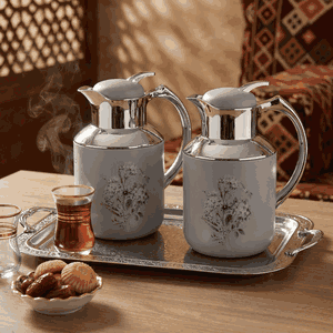Al Saif Gallery Florya Pro thermos set, 1/0.5 liter, rose pattern, thermal glass inner shell, steel outer shell - light gray product image 2