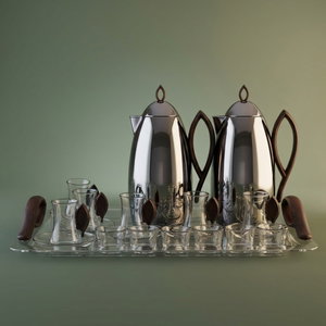 Al Saif Gallery Al Ola Thermos Set, 21 Pieces, with Serving Tray, Tea & Coffee Cups - Silver Brown product image