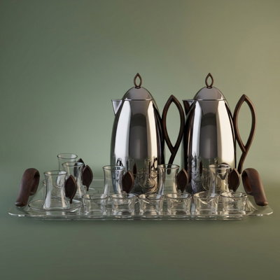 Al Saif Gallery Al Ola Thermos Set, 21 Pieces, with Serving Tray, Tea & Coffee Cups - Silver Brown product image 1