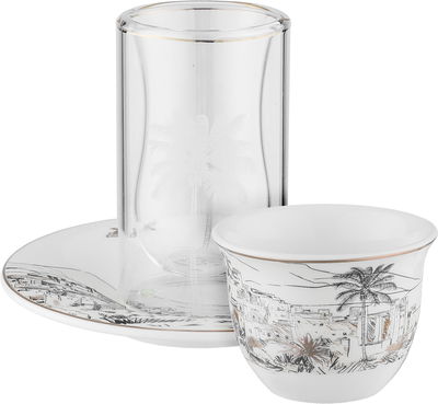 طقم بيالات زجاج و فناجين قهوة بورسلان السيف غاليري، 18 قطعة - ابيض ذهبي product image 1