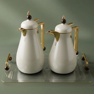 Al Saif Gallery Crystal Thermos Set, 1/0.7 litre, tofaria, thermal glass inner container, stainless steel outer shell - pearl product image 1
