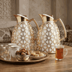 Al Saif Gallery Andalusia thermos set, 0.75/1 liter, Islamic pattern, glass inner case, plastic outer case - white and gold product image 2