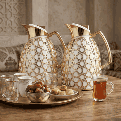 Al Saif Gallery Andalusia thermos set, 0.75/1 liter, Islamic pattern, glass inner case, plastic outer case - white and gold product image 2