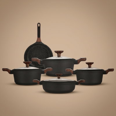 Robust Granite and Aluminum Cookware Set with Glass Lid, 9 Pieces - Black product image 1